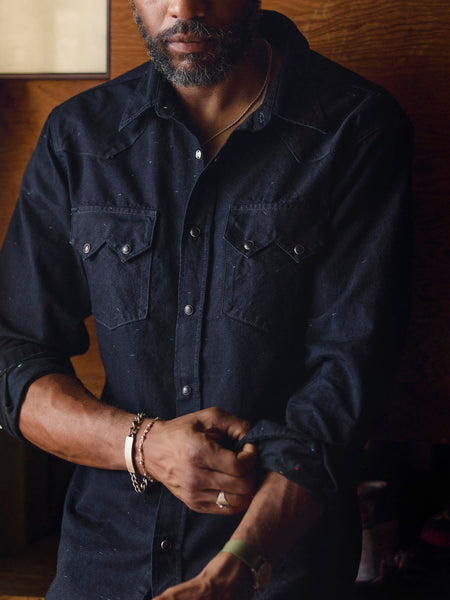 sawtooth pearl snap in reverse black indigo nep