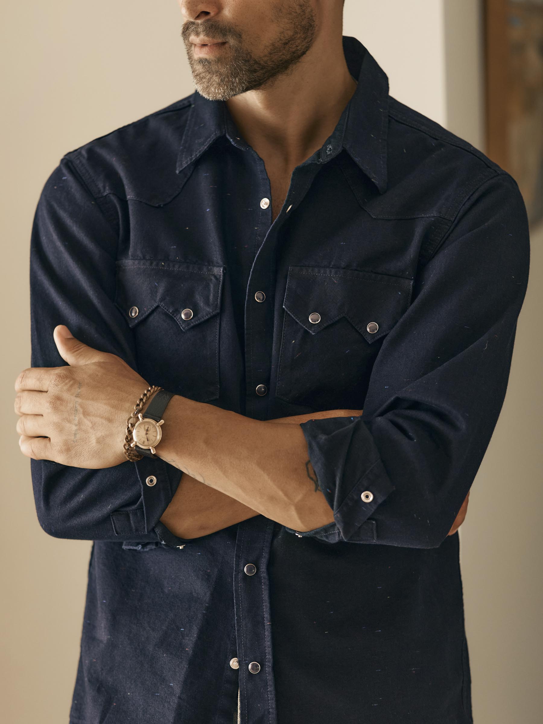 sawtooth pearl snap in reverse black indigo nep – imogene + willie