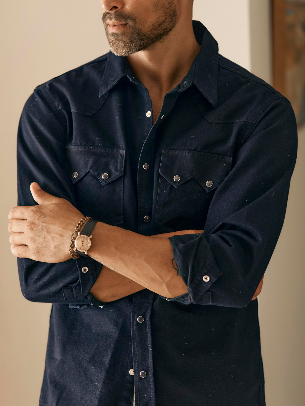 sawtooth pearl snap in reverse black indigo nep