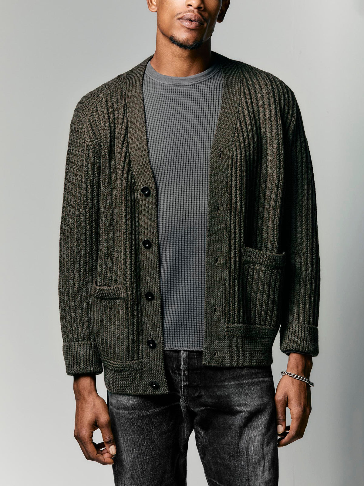 walker cardigan in marled olive