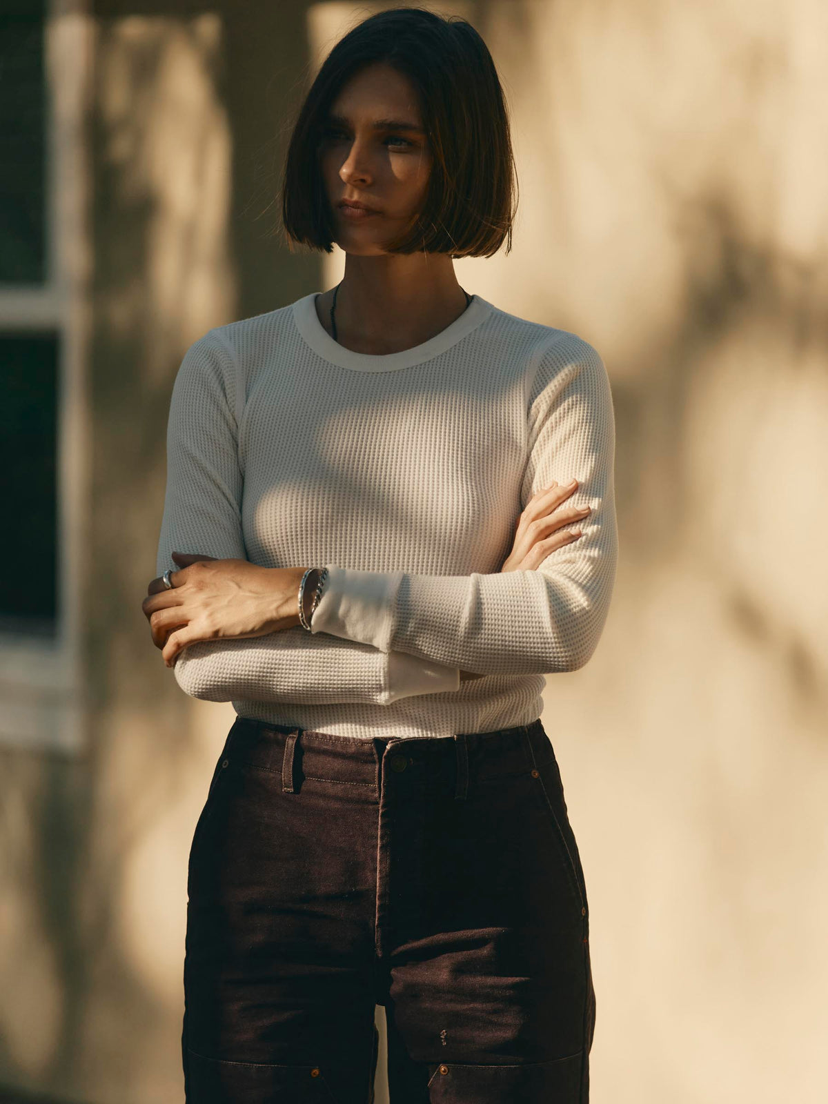 long sleeve waffle thermal in white