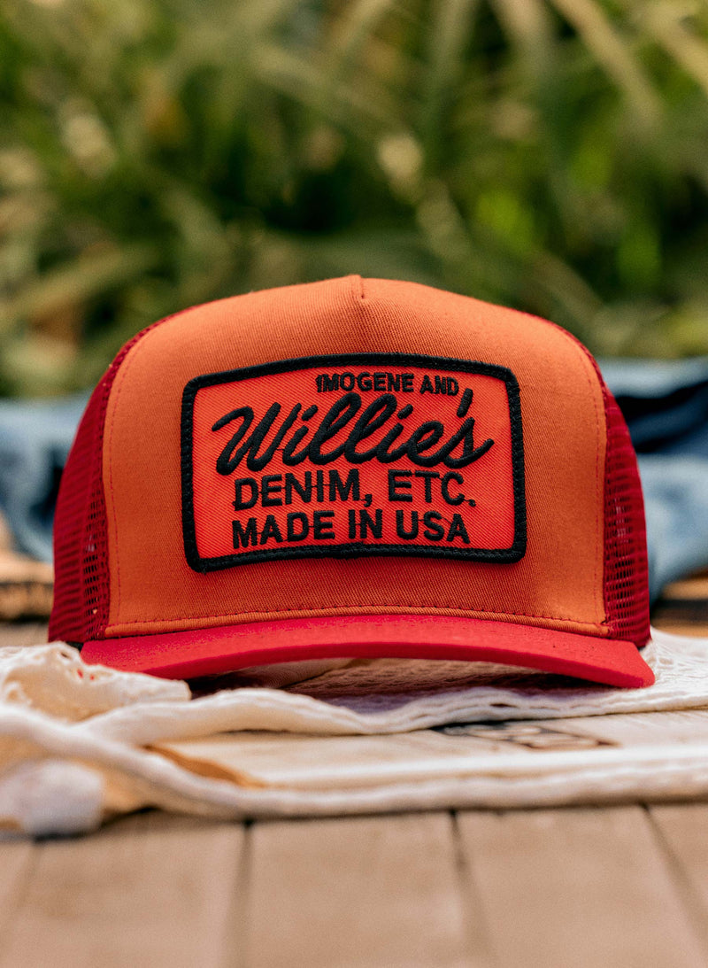 the "denim etc" trucker in orange