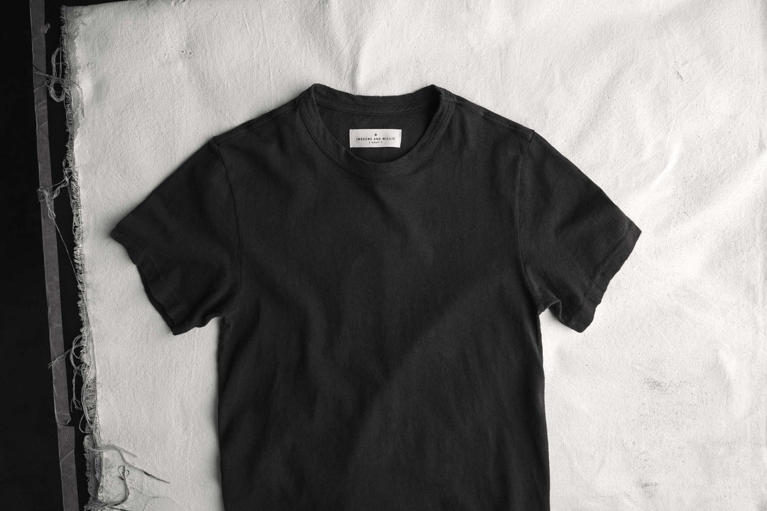 a black shirt on a white surface