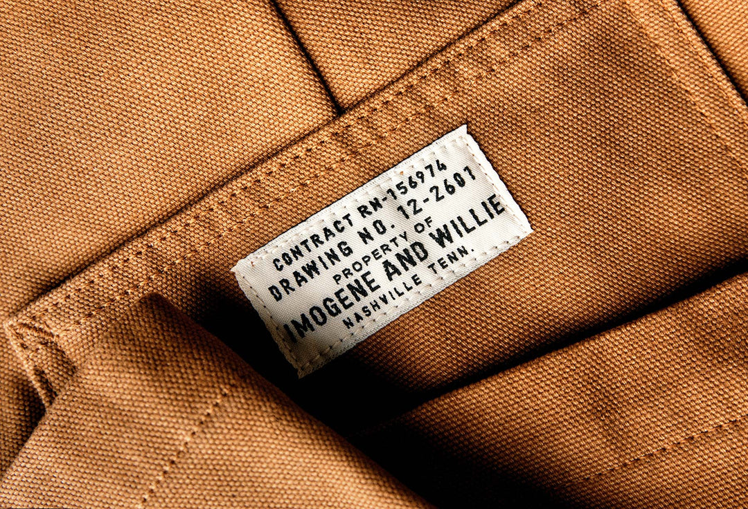 a label on a brown fabric