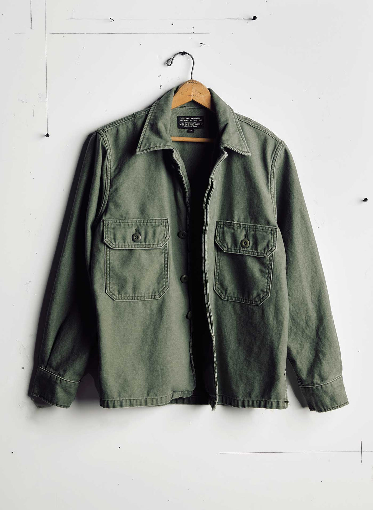 military shirt jacket in fatigue green