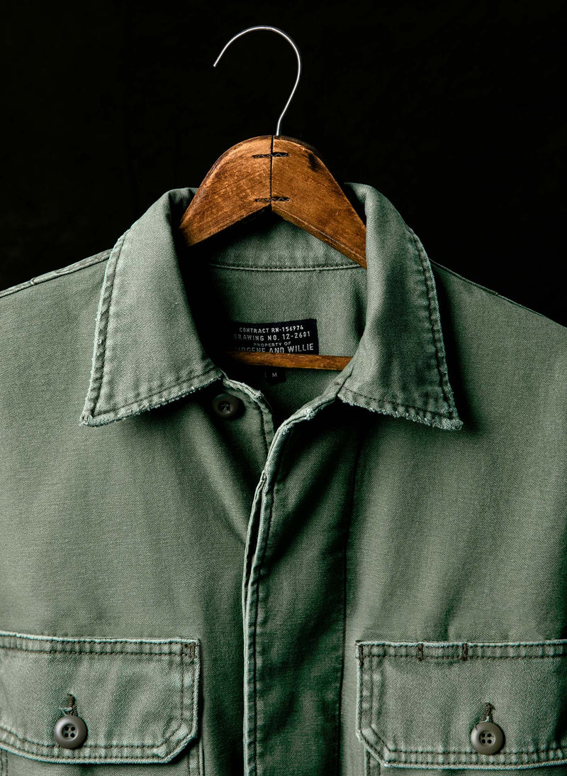 military shirt jacket in fatigue green