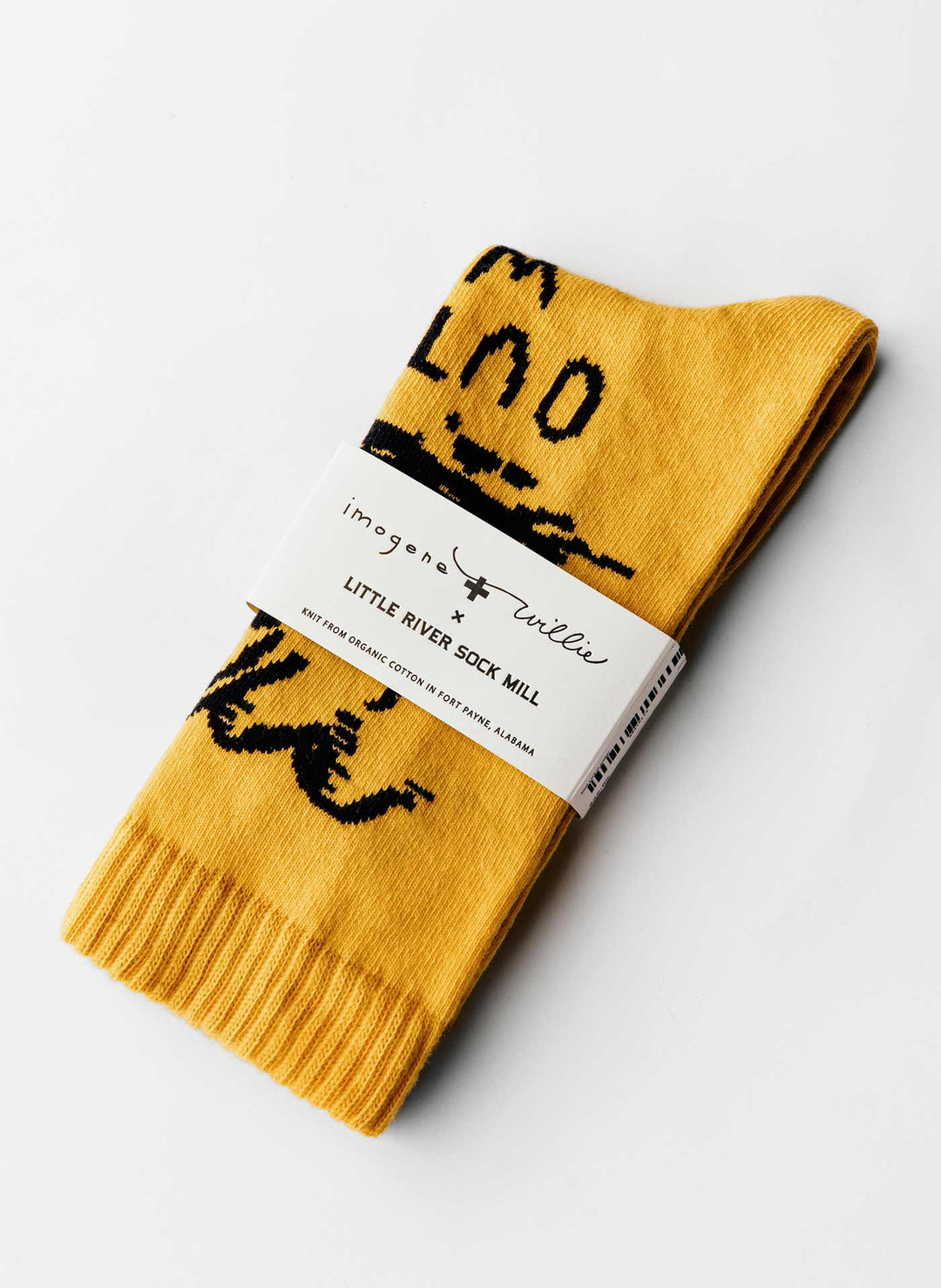a yellow sock with a white label