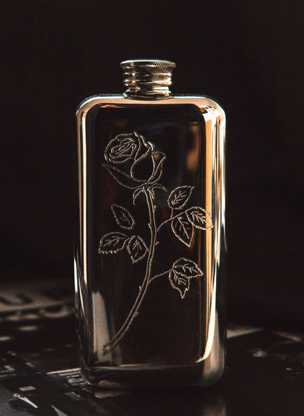 hand engraved &quot smell roses&quot flask